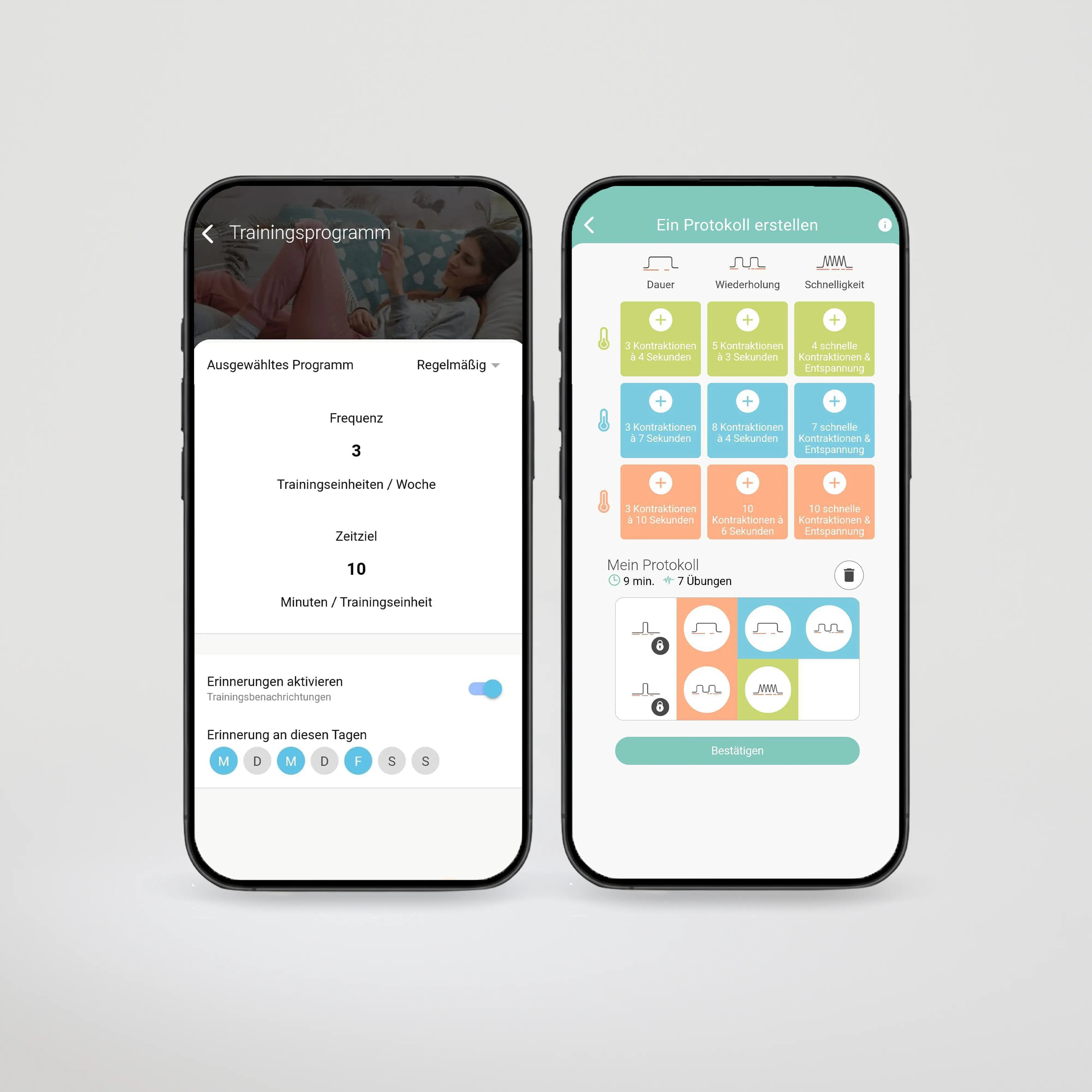 Darstellung der Emy App mit personalisiertem Trainingsprogramm: Die Übungen passen sich automatisch an das Niveau und die Fortschritte der Patientin an.