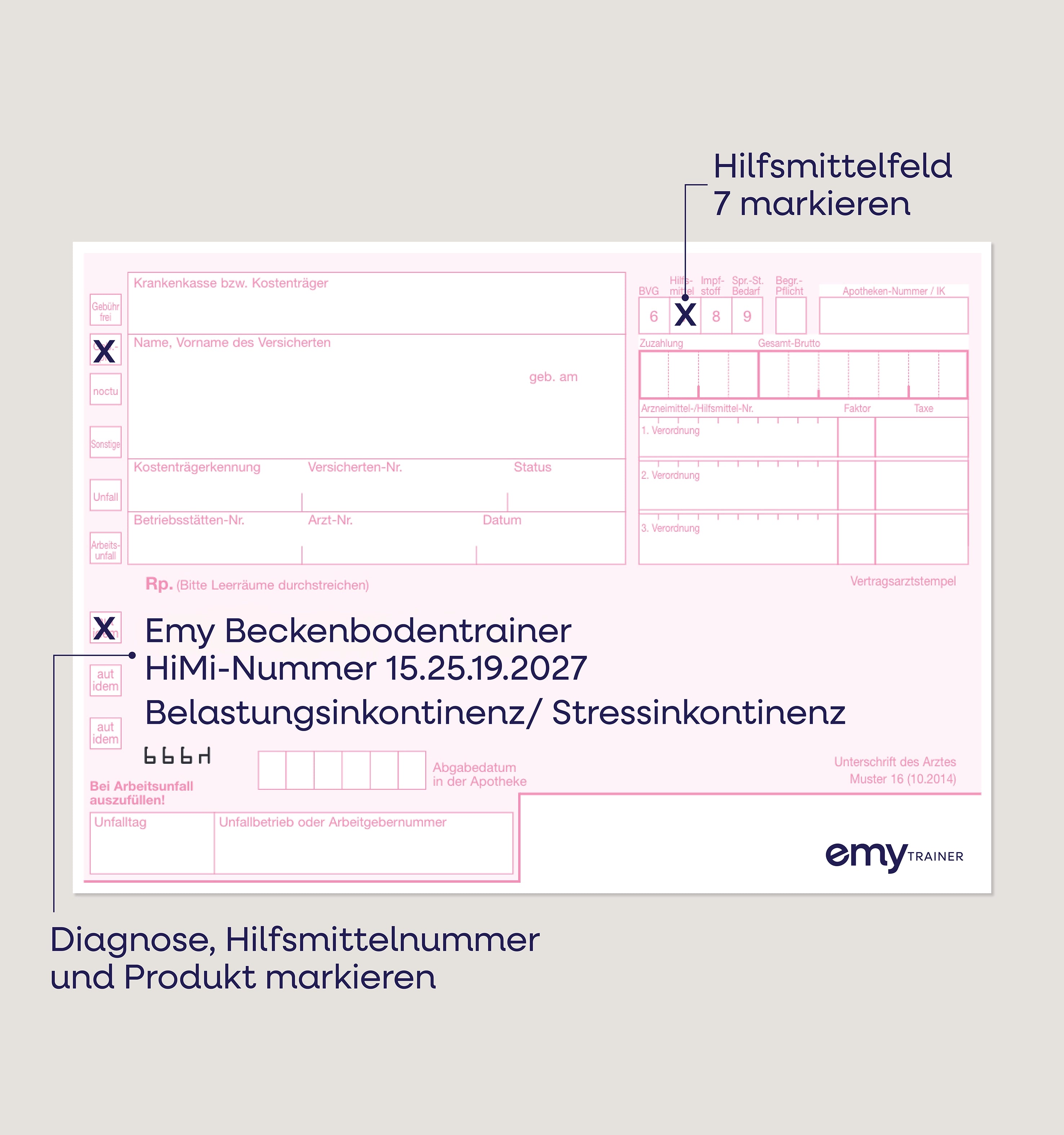Abbildung eines Musterrezepts für den Emy Beckenbodentrainer mit Diagnose, Hilfsmittelnummer 15.25.19.2027, Produktbezeichnung und markiertem Hilfsmittelfeld 7.