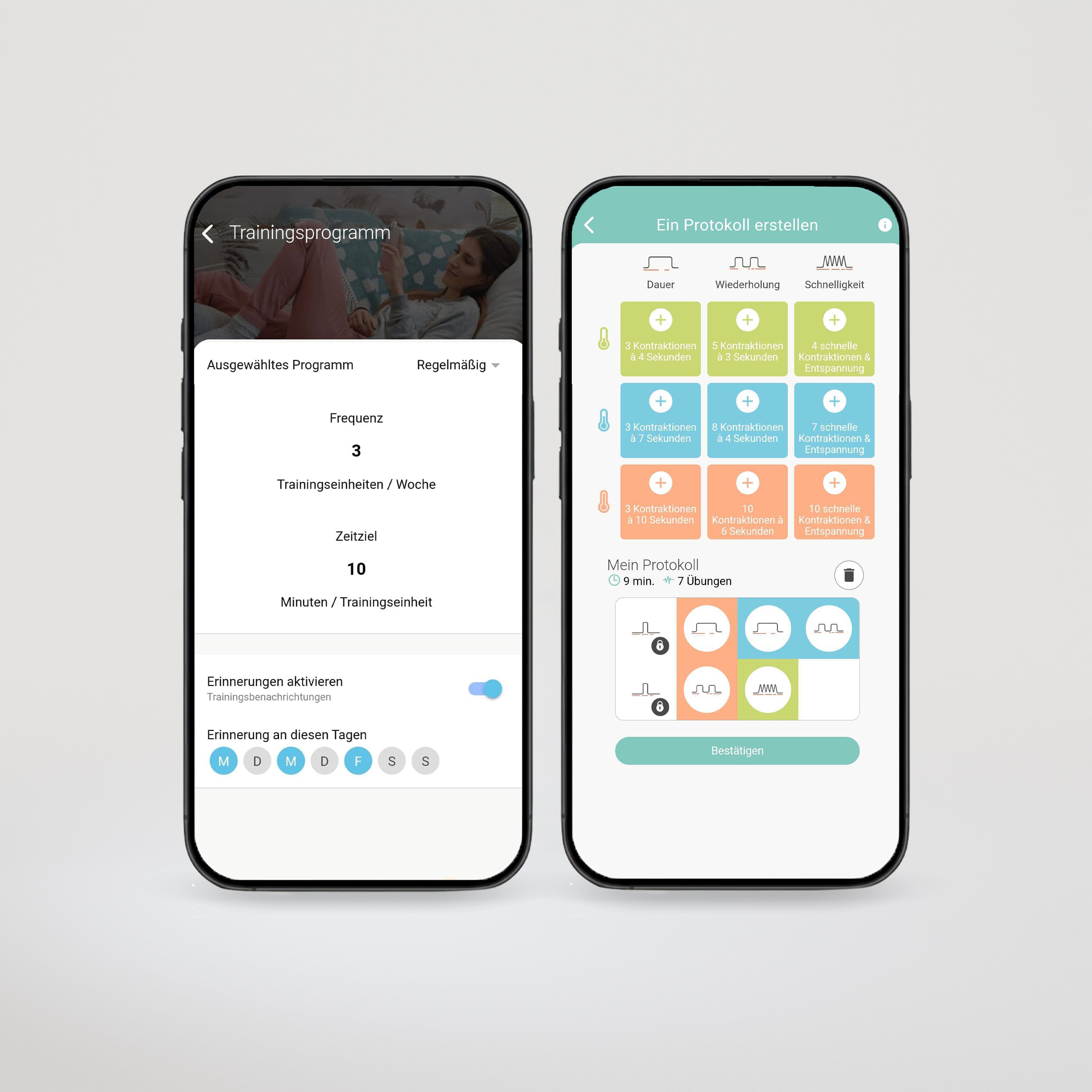 Darstellung der Emy App mit personalisiertem Trainingsprogramm: Die Übungen passen sich automatisch an das Niveau und die Fortschritte der Patientin an.