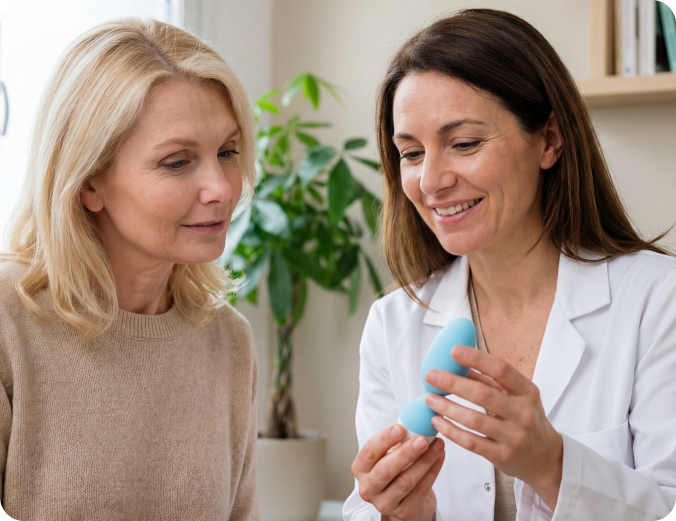 Frau mit Gesundheitsexpert*in beim Emy Beckenbodentrainer